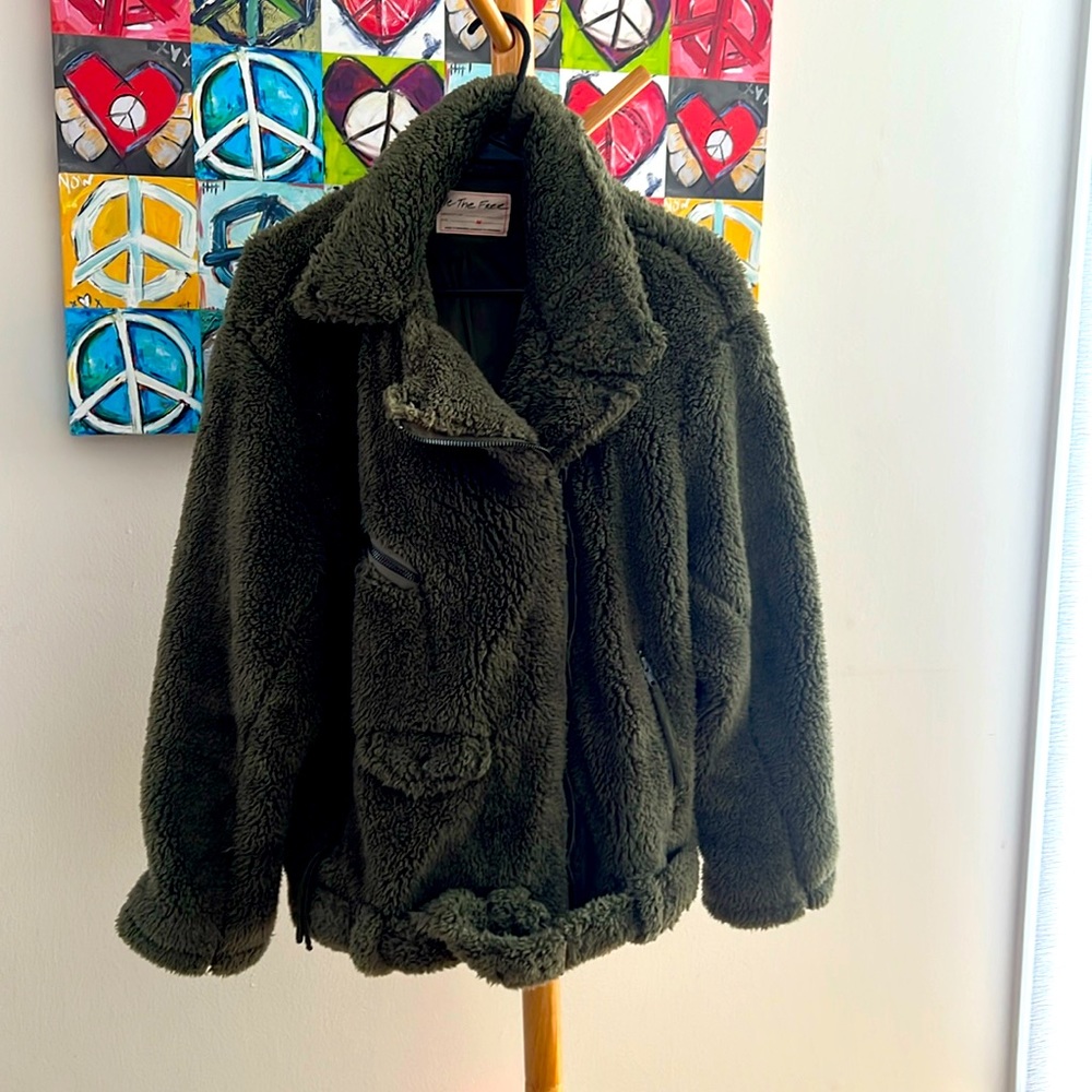 Free People green so cozy slouchy plush Moto jacket. Size medium worn twice.